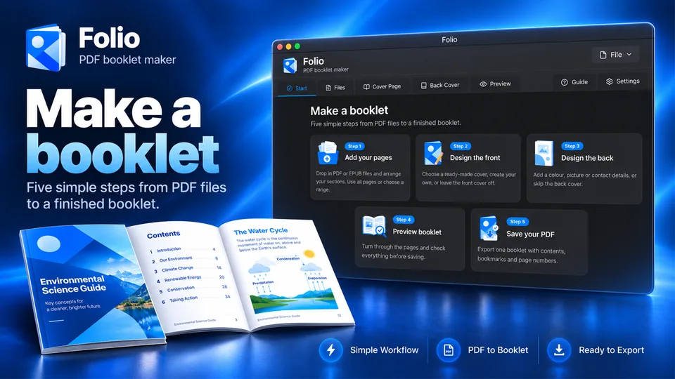 Folio Mac app showing the Make a Booklet workflow