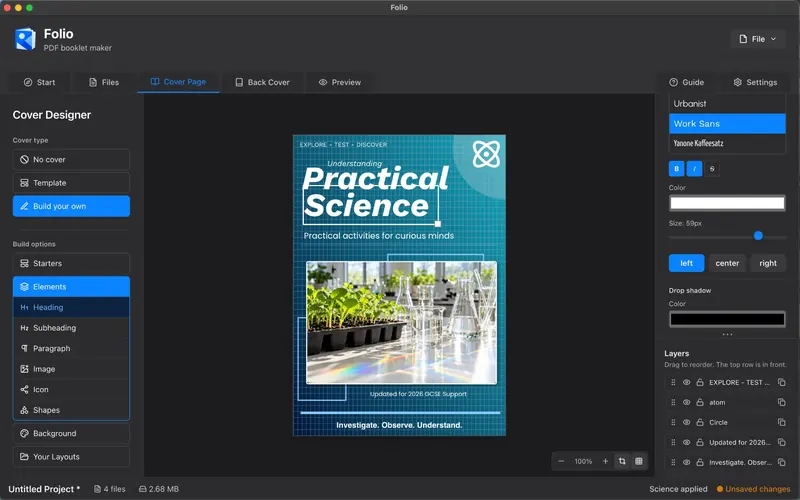 Folio cover designer with text, background and layout controls