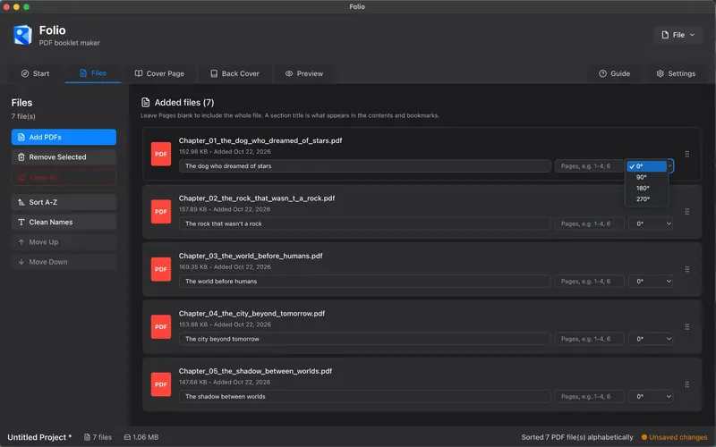 Folio Files workspace with ordered chapter PDFs and rotation controls